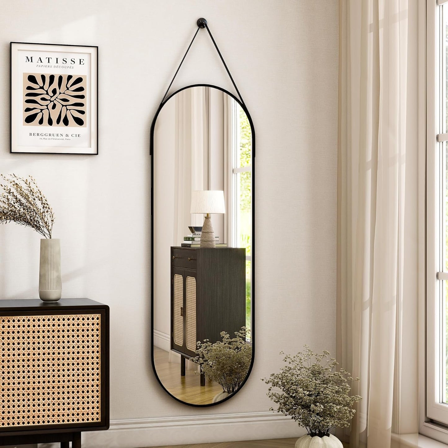 16"X48" Oval Hanging Mirror with Leather Strap Full Length Mirror Aluminum Frame Wall-Mounted Hanging Mirrors for Bathroom Vanity Living Room Bedroom Entryway Decor