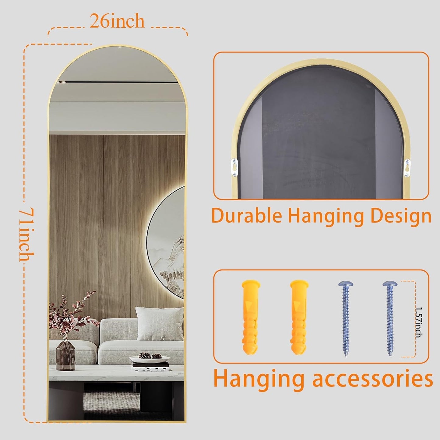 Nanoglass Arch Mirror Full Length,Gold Mirror Full Length 71"X26",Standing Mirror Full Length,Full Body Mirror for Bedroom,Large Mirror(Gold)-1