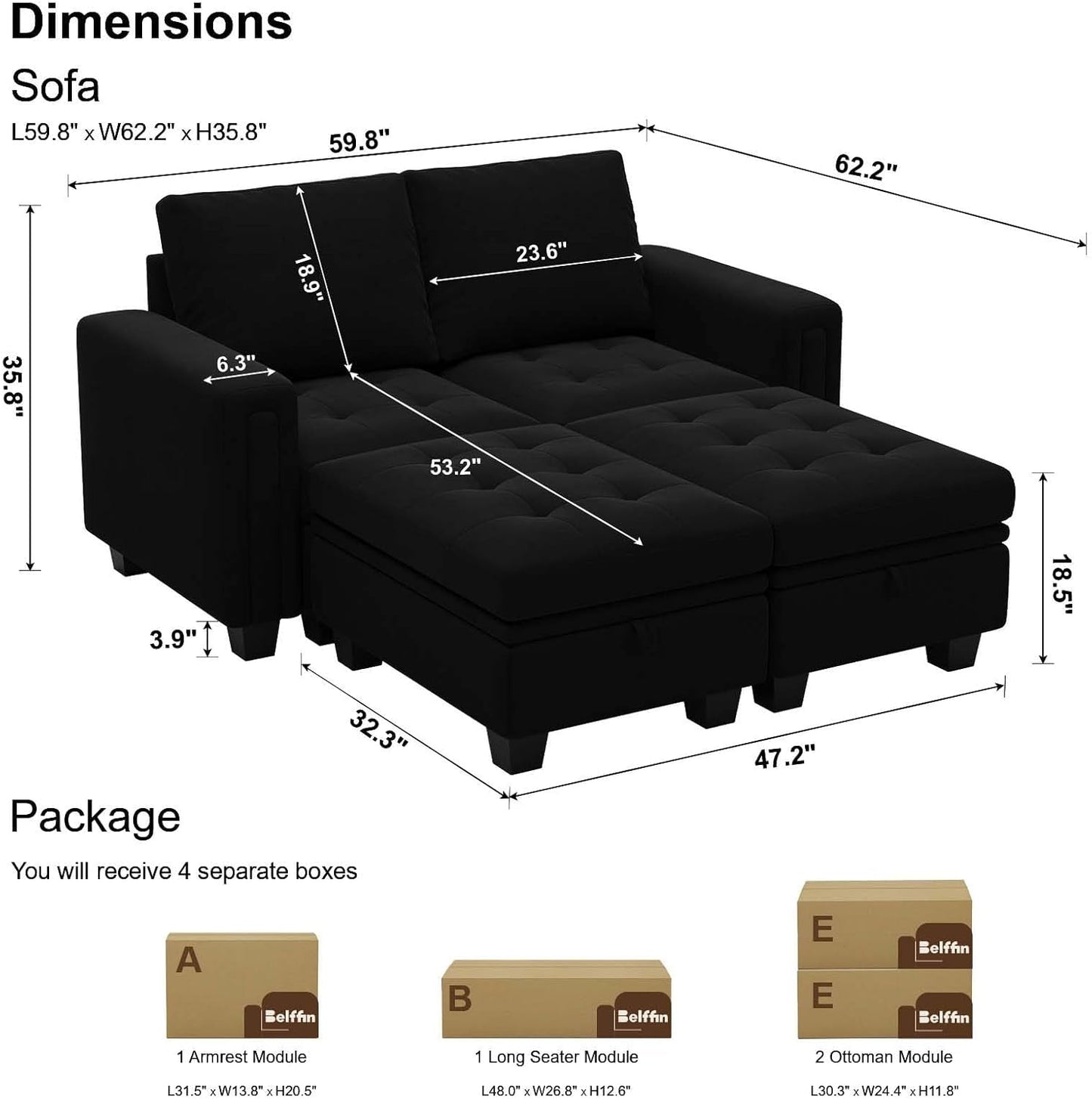 Velvet Modular Sectional Sofa Couch with Storage Convertible Sectional Sleeper Sofa Couch Bed Set with Reversible Chaise Black