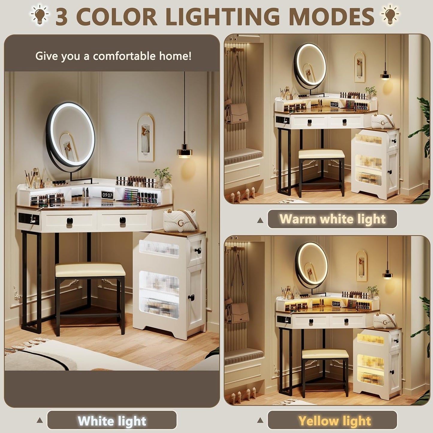White Corner Vanity Mirror, Lights, Charging, Glass Top