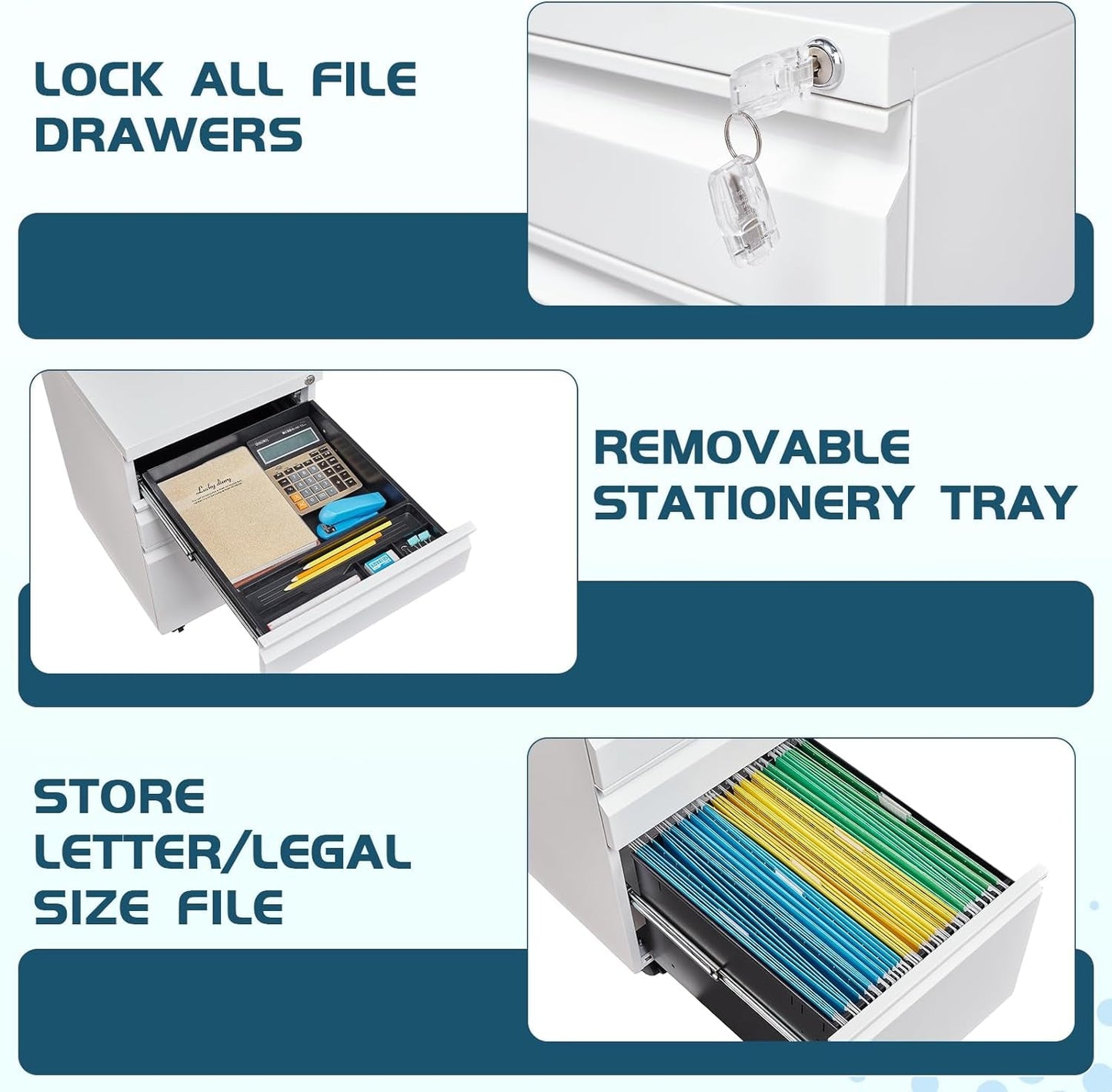 White Filing Cabinet 3 Drawers on Wheels under Desk, Metal Rolling File Cabinet with Lock for Home Office, Small Mobile File Cabinet for Letter Legal File Folders, Un-Assembled