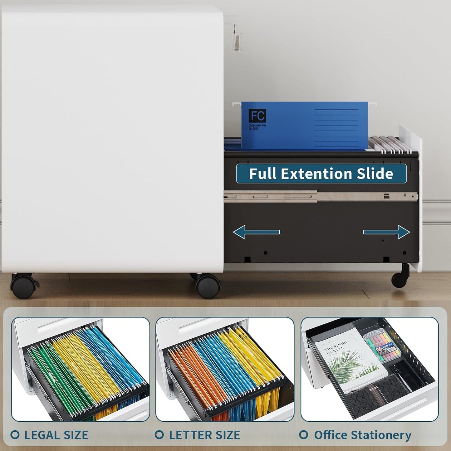 Mobile Filing Cabinet 3 Drawer, White Small File Cabinet with Lock under Desk, Filing Cabinet for Home Office with Wheels, A4/Letter/Legal Hanging File Folders-3