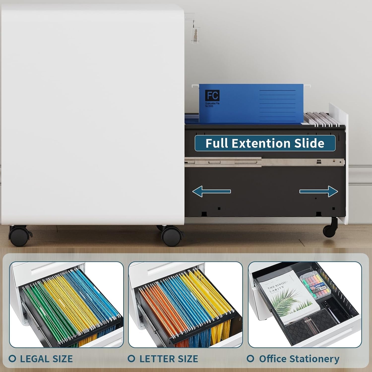 Mobile Filing Cabinet 3 Drawer, White Small File Cabinet with Lock under Desk, Filing Cabinet for Home Office with Wheels, A4/Letter/Legal Hanging File Folders-3