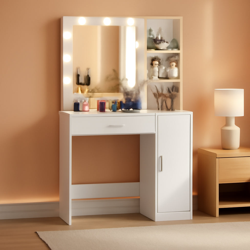 White Vanity Desk Mirror, Lights, Storage, Drawers, Shelves