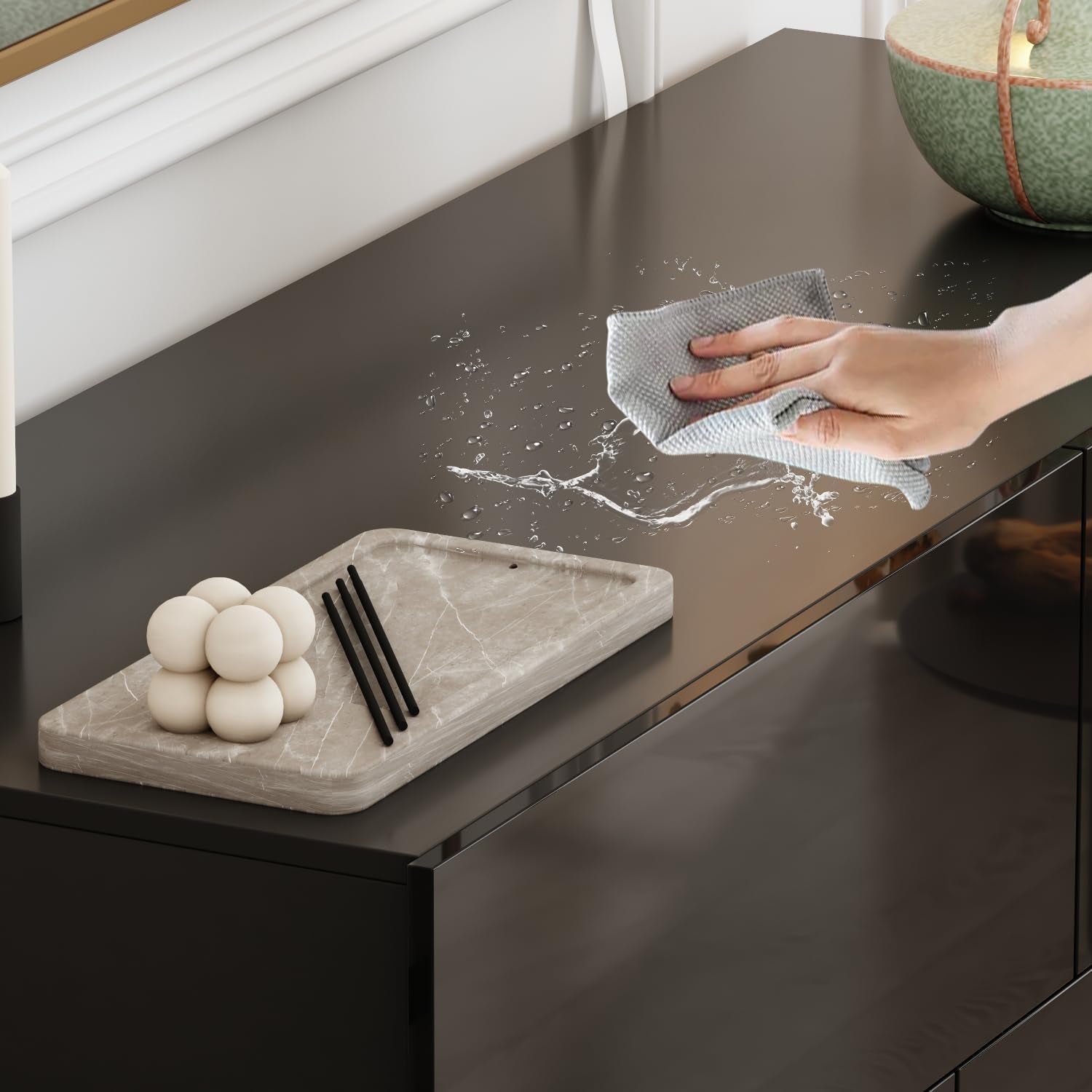 Balck Drawer Dresser for Bedroom, Modern High Gloss Dresser with 6 Drawers, Double Dresser Storage Chest of Drawer with Asymmetrical Design for Bedroom, Living Room, Entryway-3