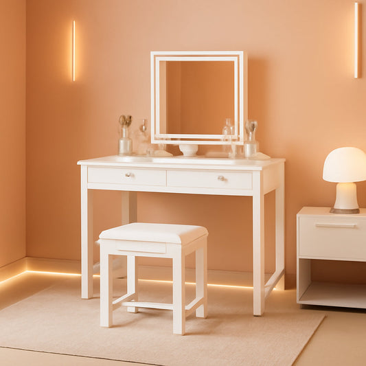 White Small Vanity Desk Mirror, Lights, Power, Chair