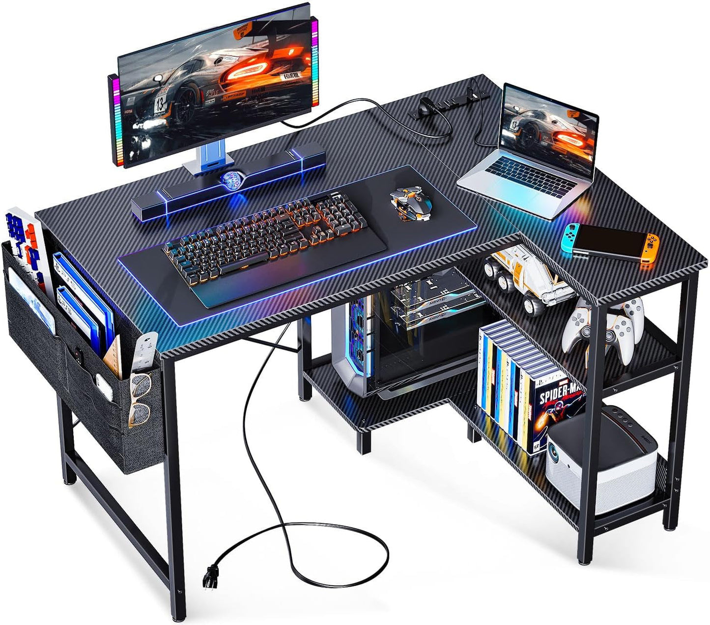 40 Inch Small L Shaped Gaming Computer Desk with Power Outlets, Corner Desk with Reversible Storage Shelves & PC Stand for Small Space, Modern Simple Home Office Table, Carbon Fiber Surface, Black-0