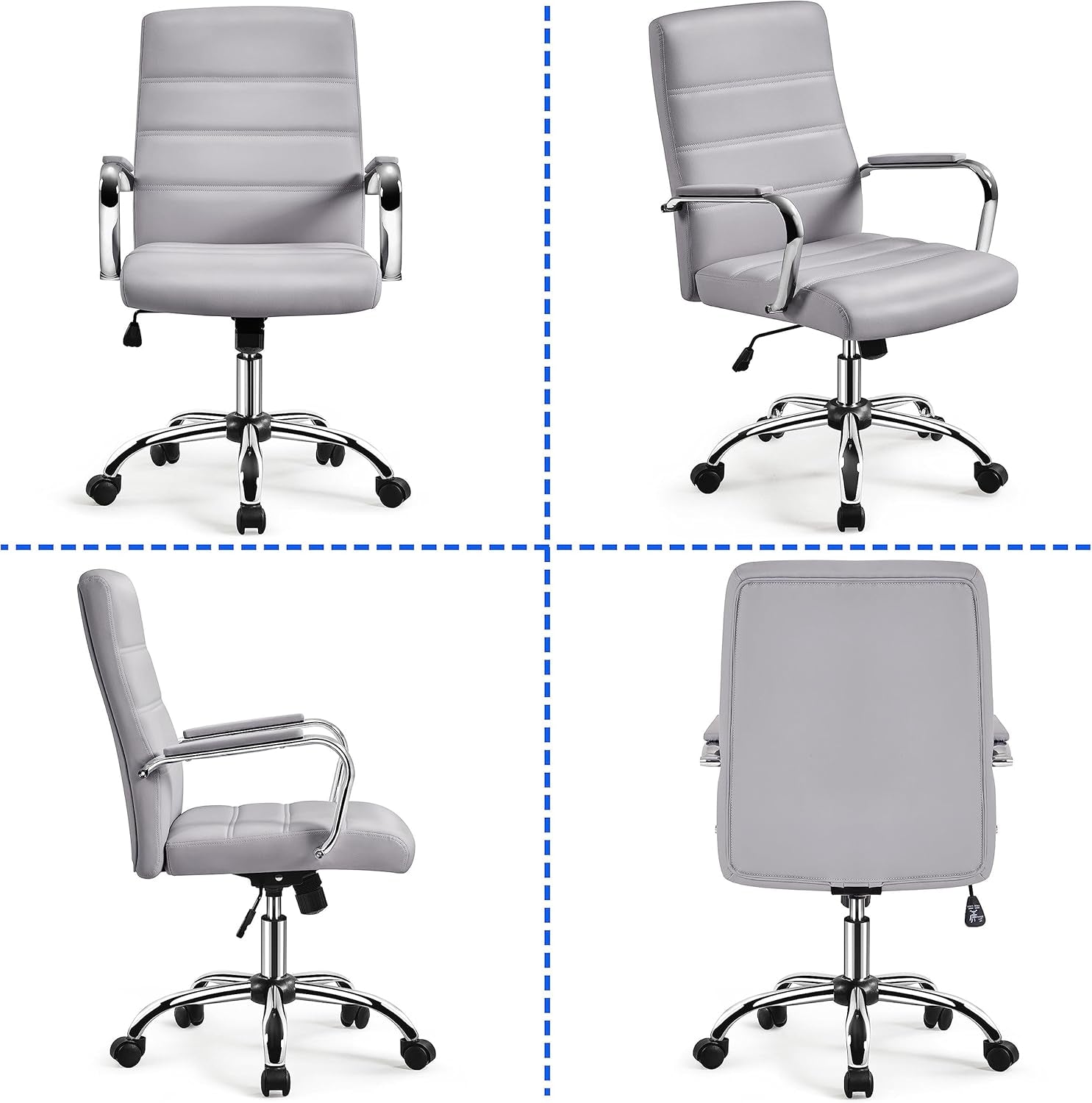 Mid-Back Office Chair with Arms Swivel PU Leather Height Adjustable Office Executive Chair, Light Gray-3