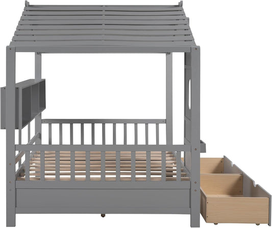 Kids Full Playhouse Bed with Drawers Shelves