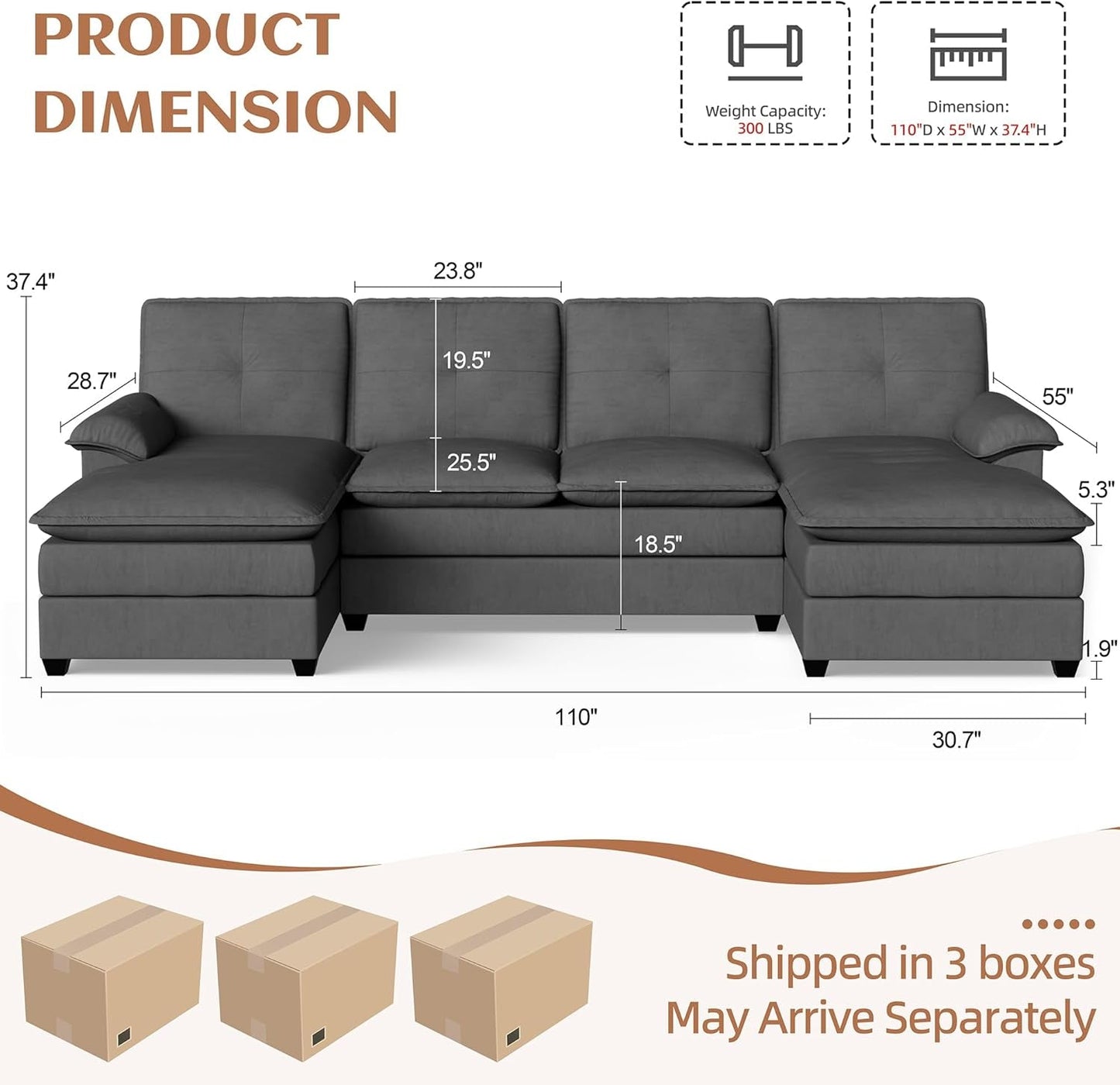 Comfy U-Shaped Sectional Couch with Chaise and Ottoman