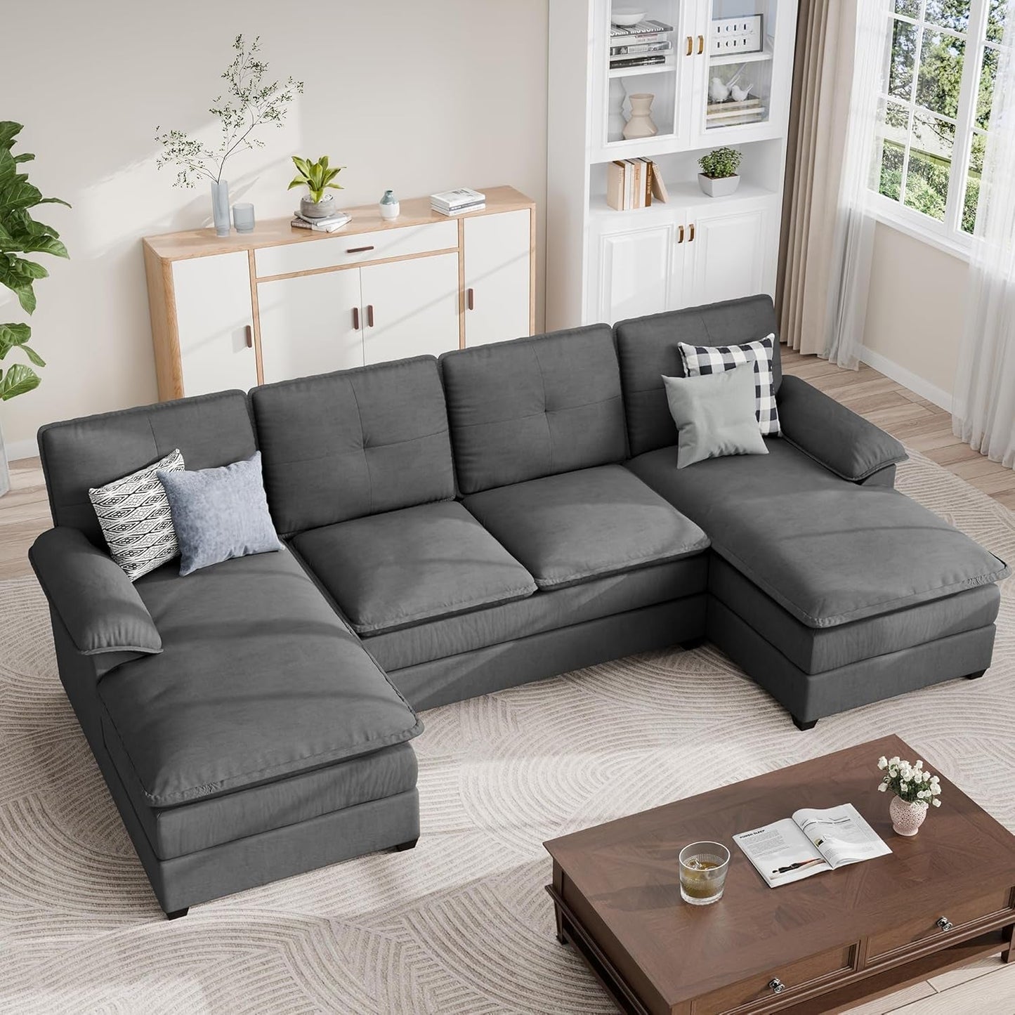 Comfy U-Shaped Sectional Couch with Chaise and Ottoman