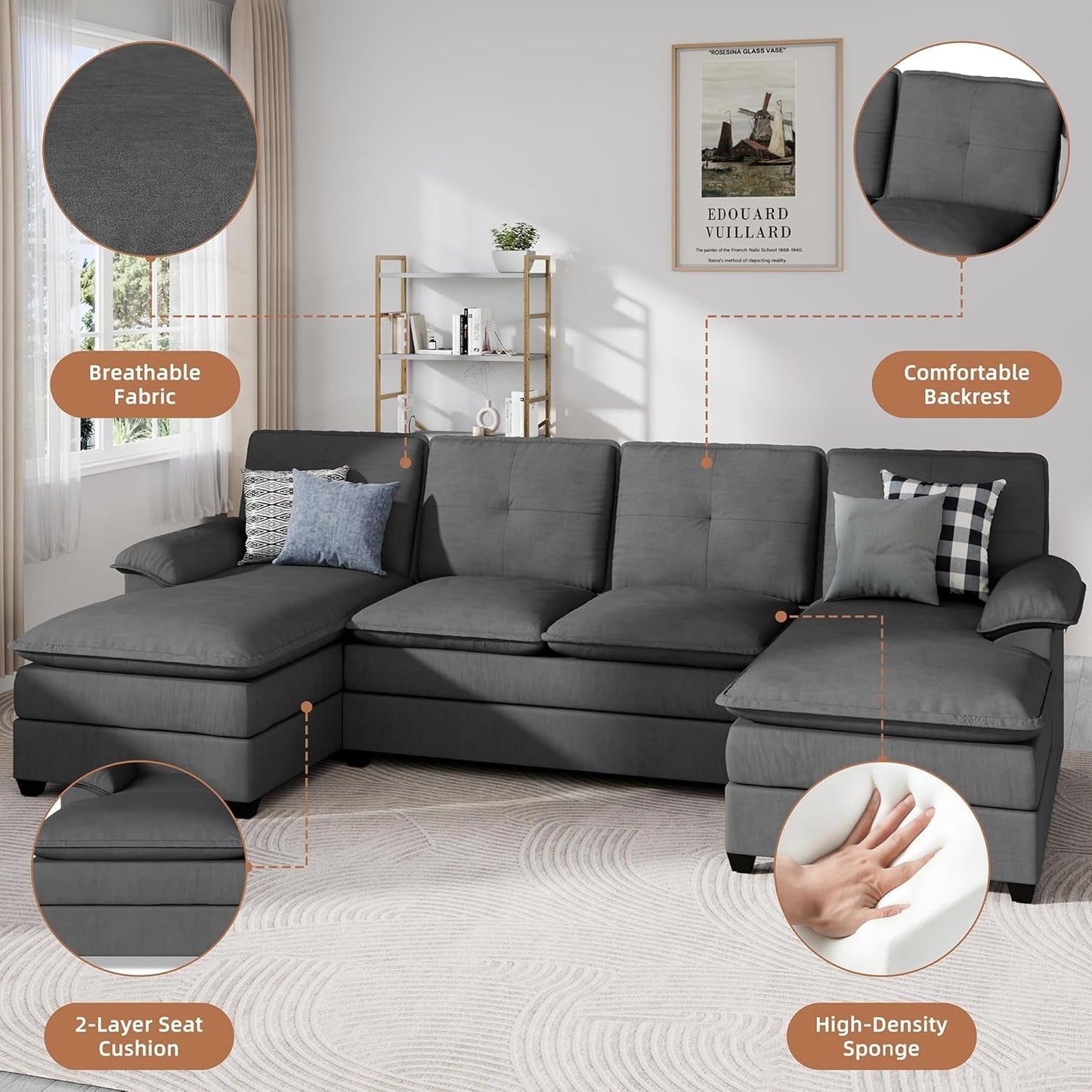 Comfy U-Shaped Sectional Couch with Chaise and Ottoman