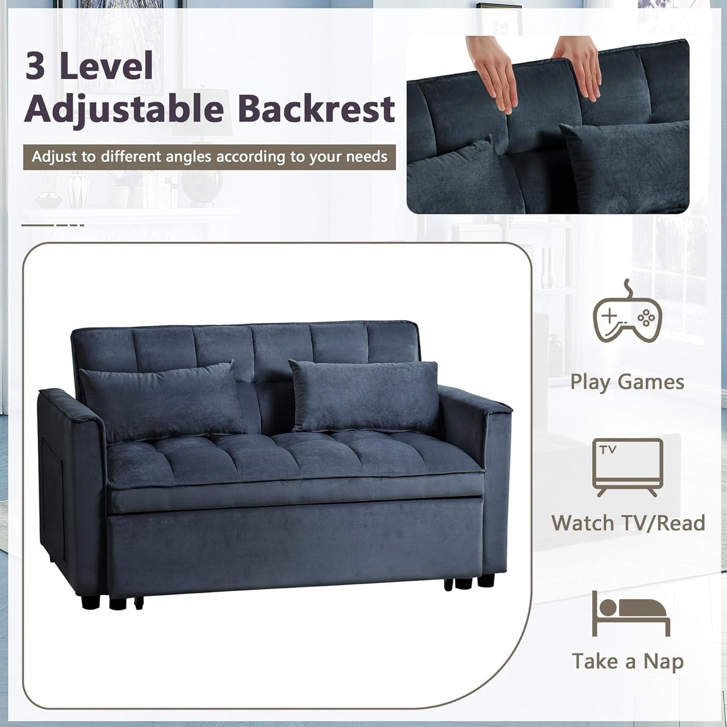 Convertible 3 in 1 Couch Bed with Adjustable Backrest