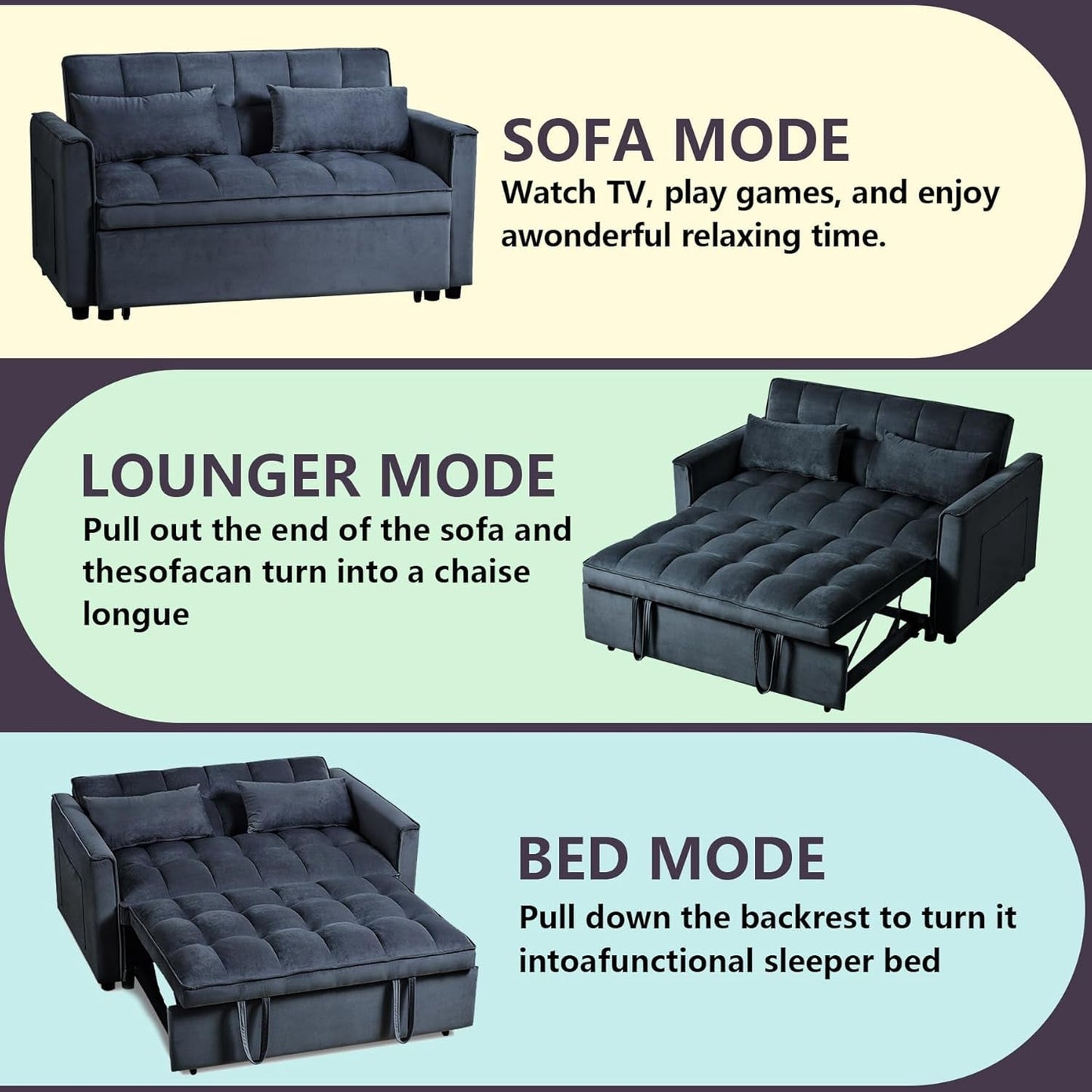 Convertible 3 in 1 Couch Bed with Adjustable Backrest