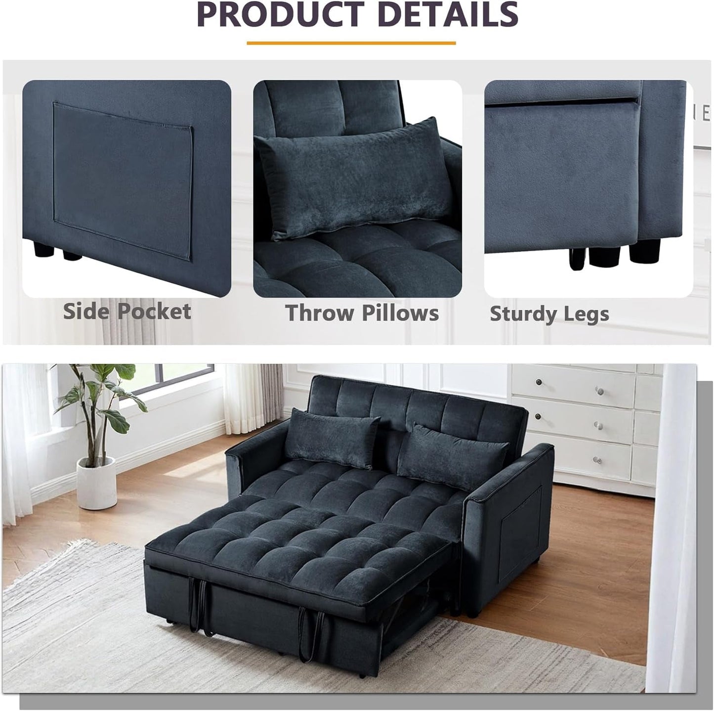 Convertible 3 in 1 Couch Bed with Adjustable Backrest
