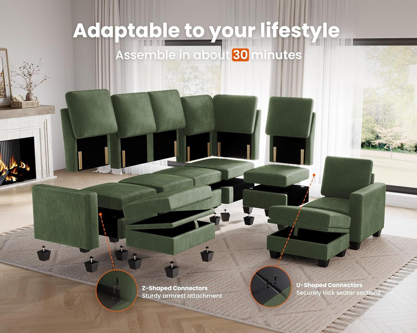 Corduroy Modular L Shaped Couch with Storage Ottoman