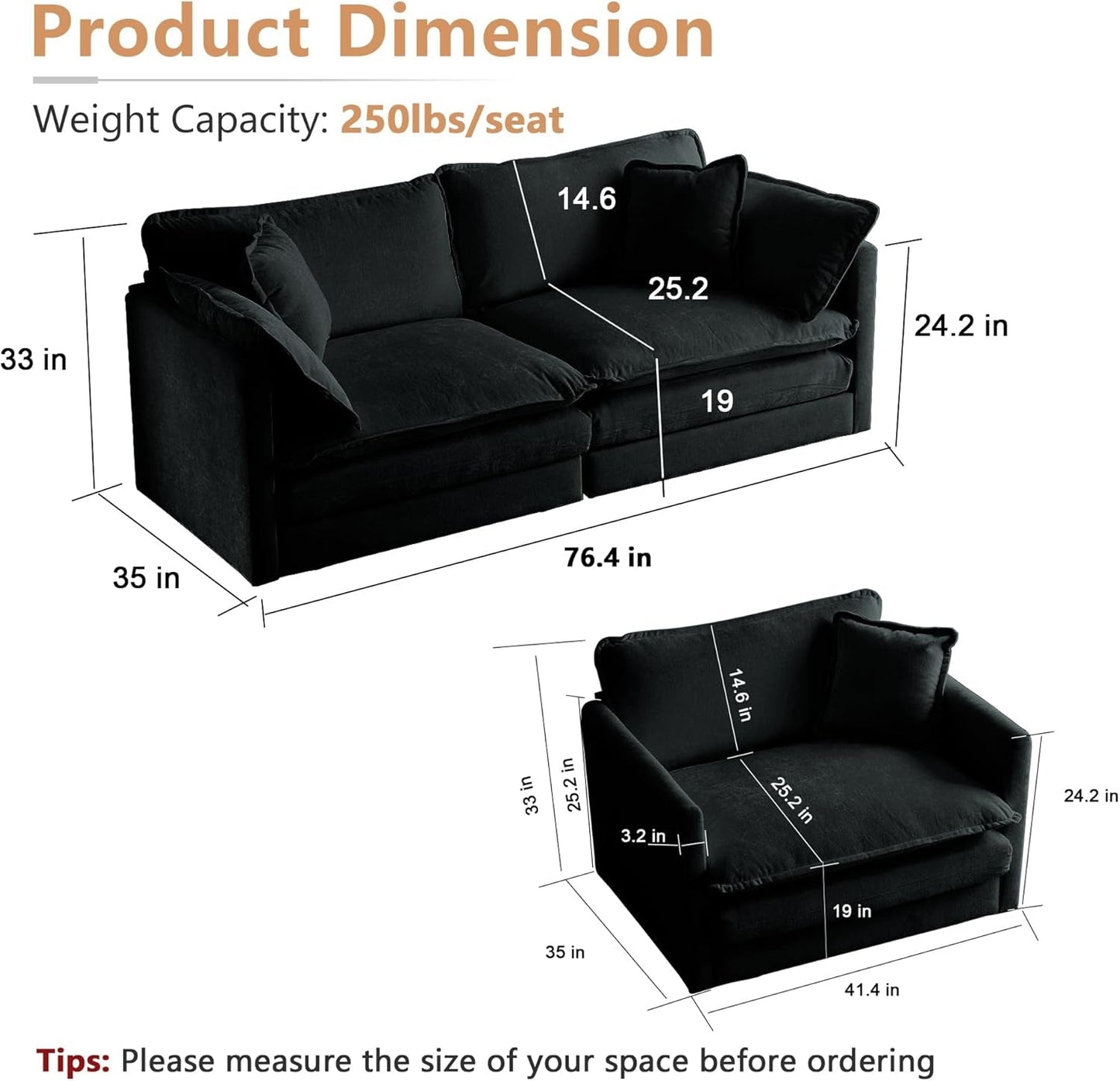 Chenille Living Room Sofa Set 2 Piece Loveseat And Armchair