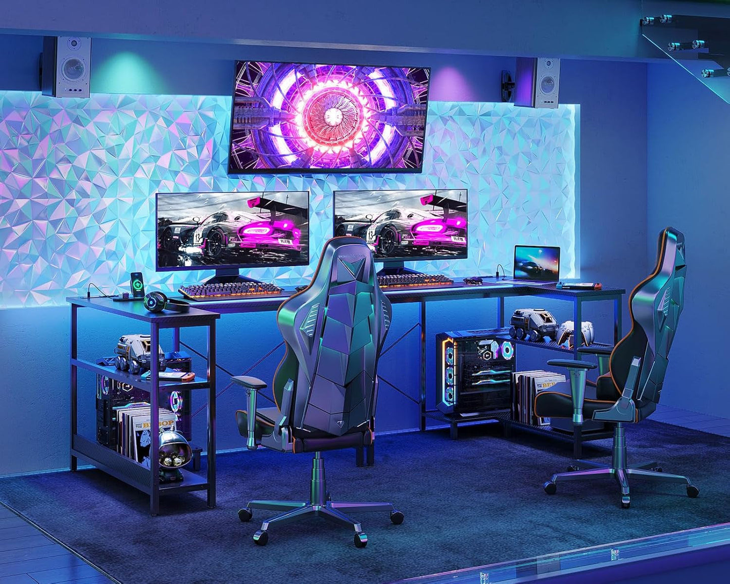 40 Inch Small L Shaped Gaming Computer Desk with Power Outlets, Corner Desk with Reversible Storage Shelves & PC Stand for Small Space, Modern Simple Home Office Table, Carbon Fiber Surface, Black-1