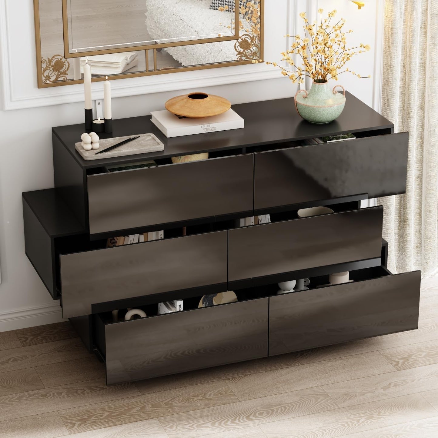 Balck Drawer Dresser for Bedroom, Modern High Gloss Dresser with 6 Drawers, Double Dresser Storage Chest of Drawer with Asymmetrical Design for Bedroom, Living Room, Entryway-2