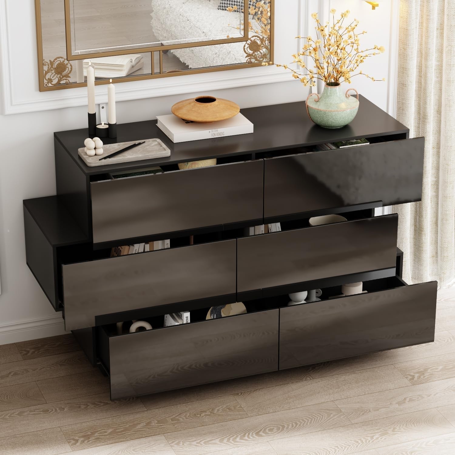 Balck Drawer Dresser for Bedroom, Modern High Gloss Dresser with 6 Drawers, Double Dresser Storage Chest of Drawer with Asymmetrical Design for Bedroom, Living Room, Entryway-2