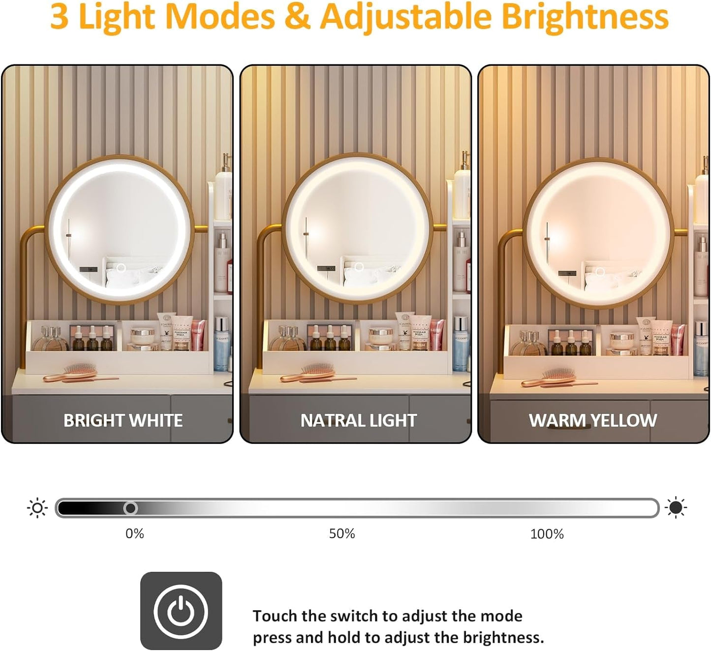 White Vanity Round Mirror, Lights, Charging, Small Bedroom-4