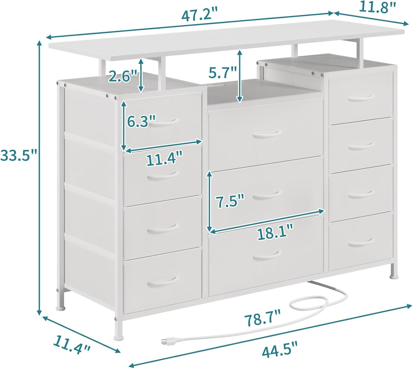 11 Drawers Dresser with Fabric Drawers,Charging Station, LED Lights and Shelves for Bedroom Storage Organization-2