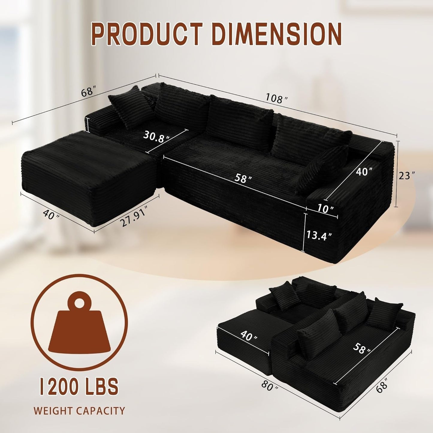 108" Sectional Couches for Living Room, Modular Sectional Sofa with L-Shape Chaise, Cloud Couch, Comfy Corduroy Fluffy Couch with Deep Seat and Side Pockets, No Assembly Required