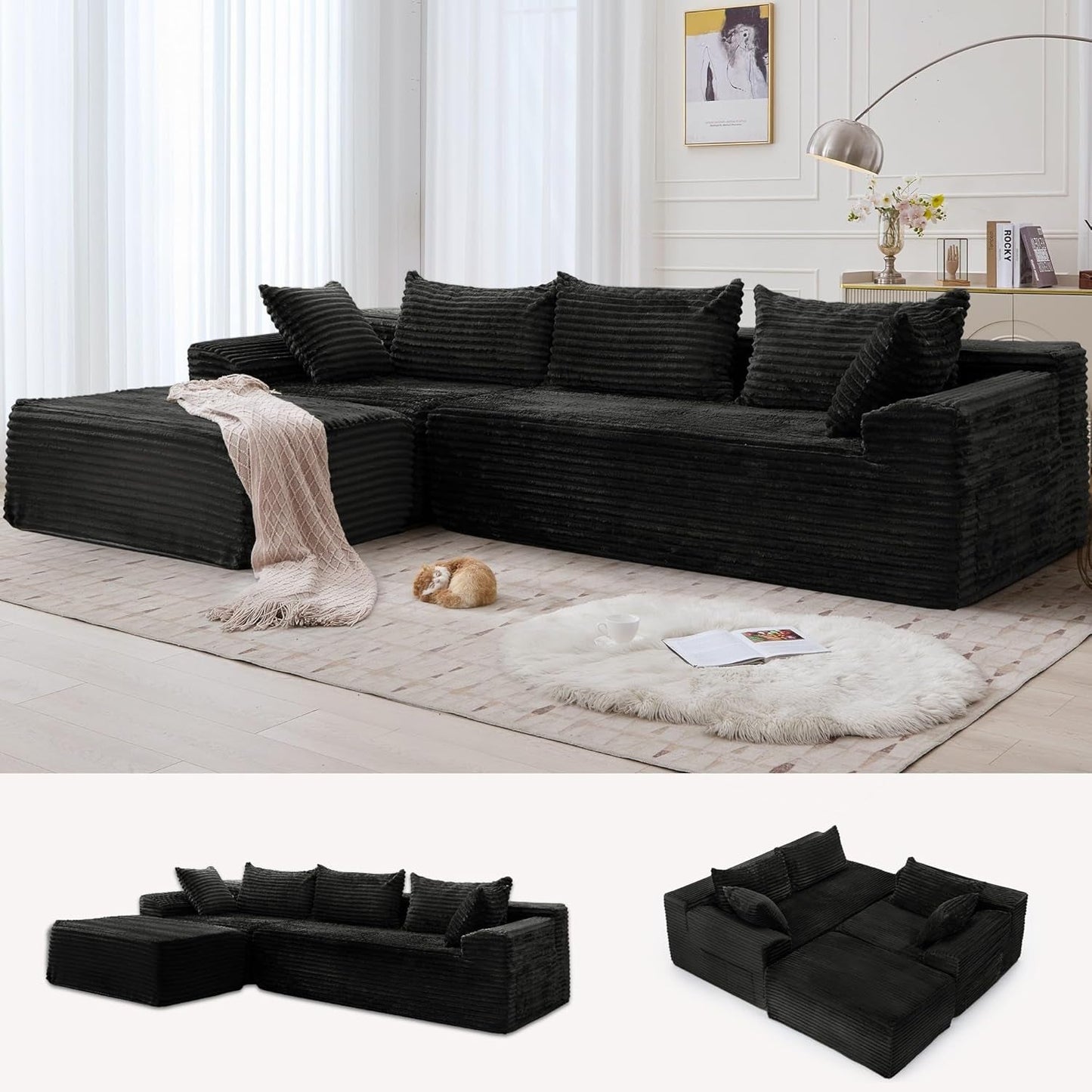 108" Sectional Couches for Living Room, Modular Sectional Sofa with L-Shape Chaise, Cloud Couch, Comfy Corduroy Fluffy Couch with Deep Seat and Side Pockets, No Assembly Required
