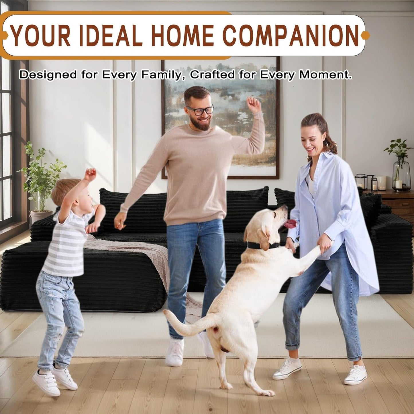 108" Sectional Couches for Living Room, Modular Sectional Sofa with L-Shape Chaise, Cloud Couch, Comfy Corduroy Fluffy Couch with Deep Seat and Side Pockets, No Assembly Required