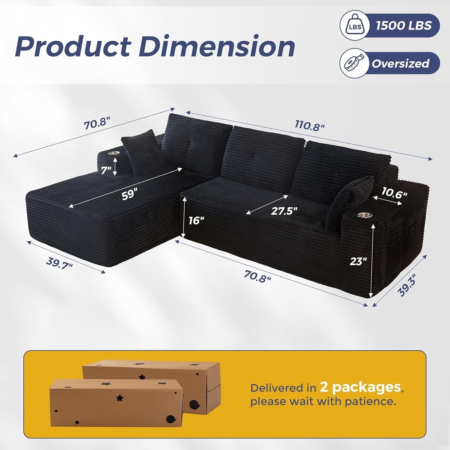 Large Modular Sectional Couch with L-Shape Chaise