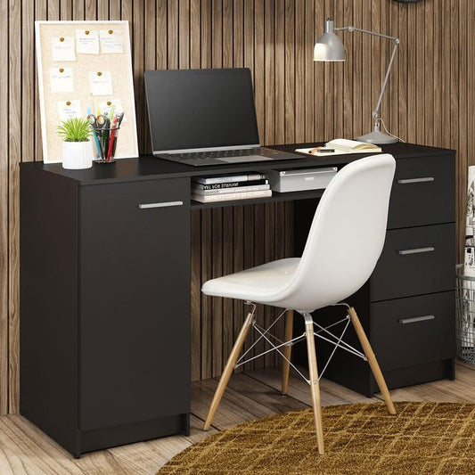 Modern Black Computer Desk with Storage Drawers and Shelf