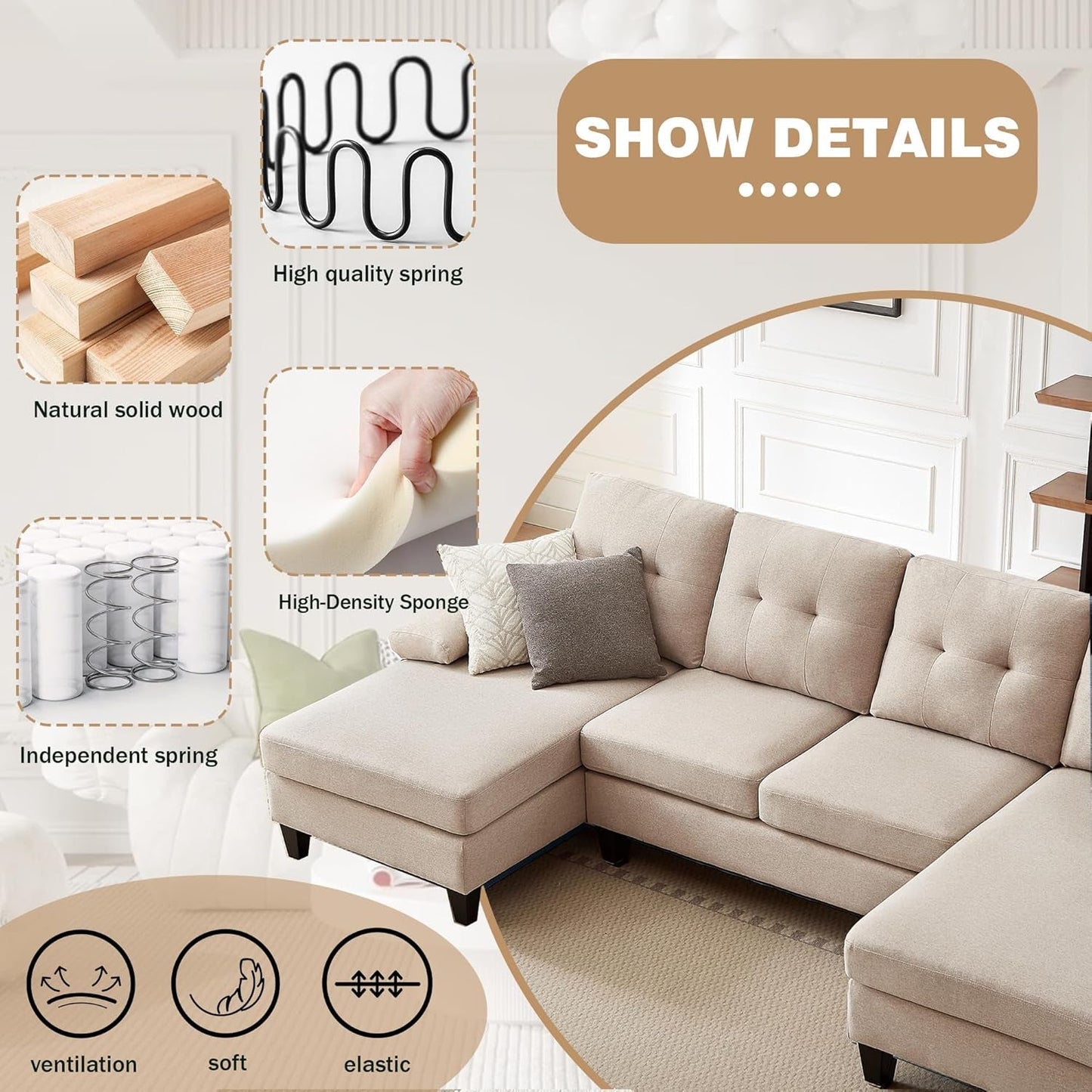 Modern U Shaped Sectional Couch With Double Chaise