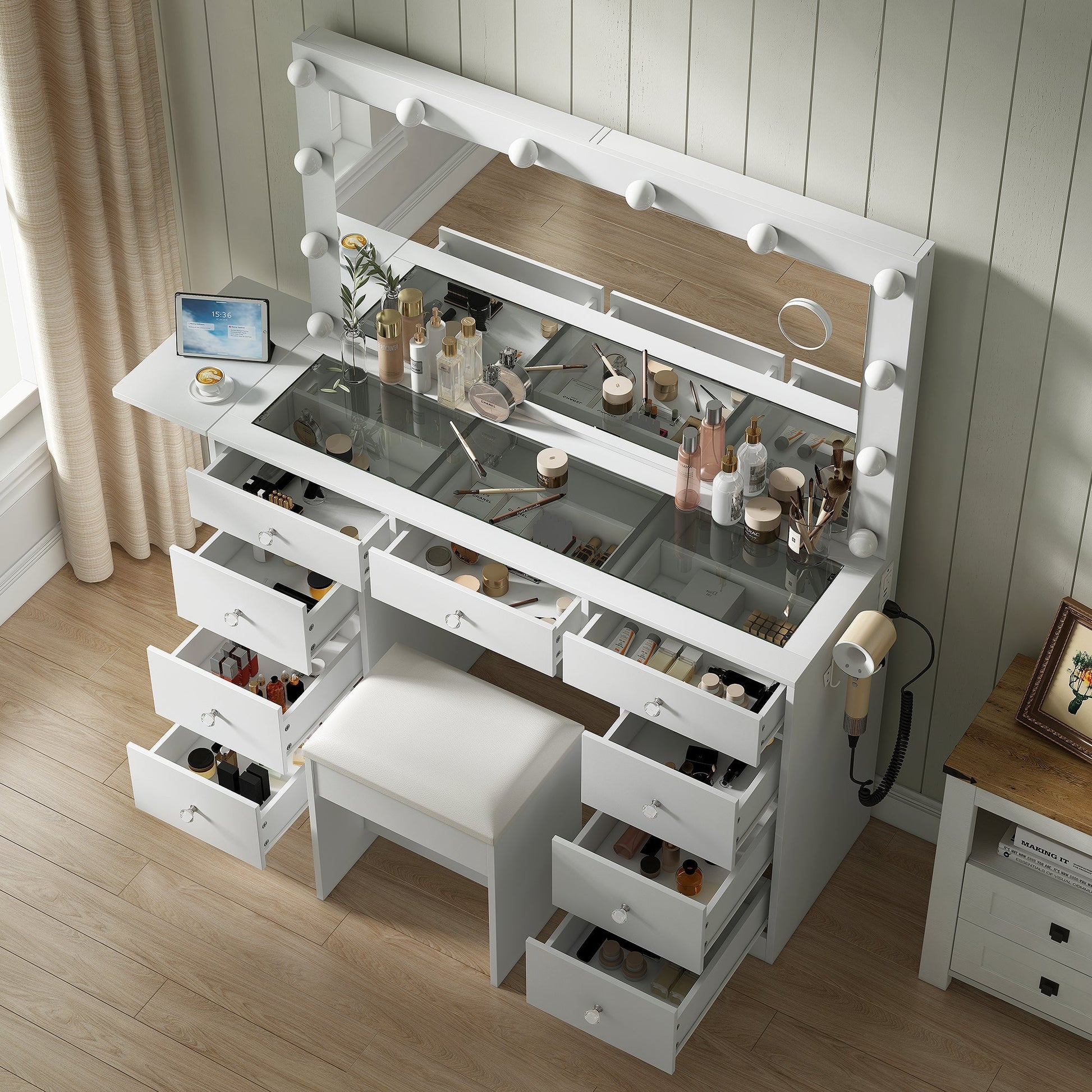 Yanosaku VD007 Bedroom Makeup Vanity desk with LED Mirror, 9 Drawers-4